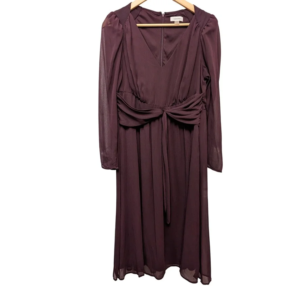 Calvin Klein Purple V-Neck Midi Dress Chiffon Mesh Long Sleeve‎ Party Wedding 14